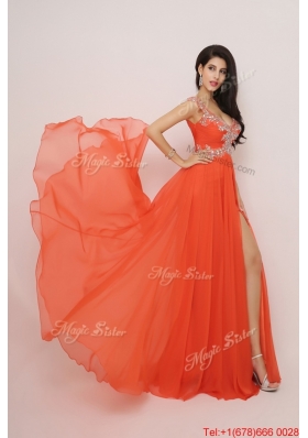 New Arrivals Brush Train Prom Dresses with High Slit and Beading