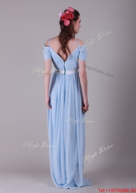 Perfect Spaghetti Straps Light Blue Prom Dresses with Ruching and Belt