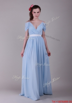 Perfect Spaghetti Straps Light Blue Prom Dresses with Ruching and Belt