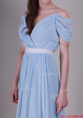 Perfect Spaghetti Straps Light Blue Prom Dresses with Ruching and Belt