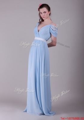 Perfect Spaghetti Straps Light Blue Prom Dresses with Ruching and Belt