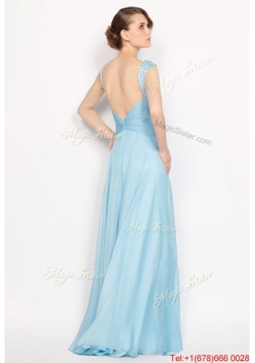 Perfect Straps Ruched Light Blue Prom Dresses with Beading