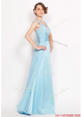 Perfect Straps Ruched Light Blue Prom Dresses with Beading