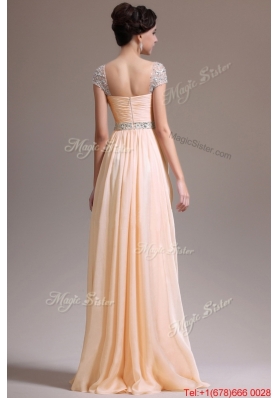 Suitable Empire Straps Beaded Prom Dresses with Cap Sleeves for 2016