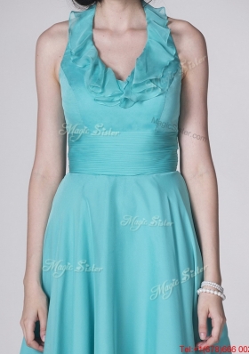 The Super Hot Halter Top Turquoise Prom Dresses with Ruffles and Belt