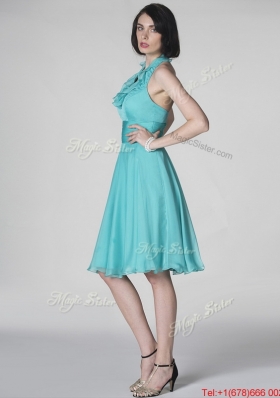 The Super Hot Halter Top Turquoise Prom Dresses with Ruffles and Belt