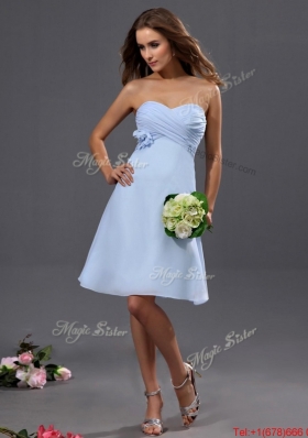 2016 Beautiful Ruching and Hand Made Flower Short Prom Dress in Light Blue