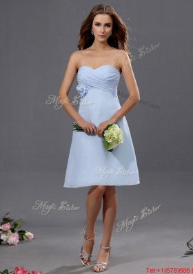 2016 Beautiful Ruching and Hand Made Flower Short Prom Dress in Light Blue