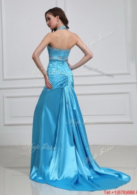 2016 Column Halter Top Brush Train Prom Dresses with High Slit