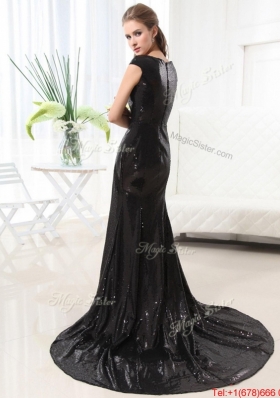 Beautiful Column Bateau Brush Train Sequins Prom Dresses in Black for 2016