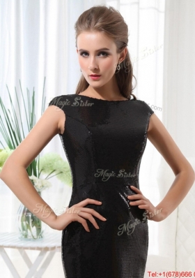 Beautiful Column Bateau Brush Train Sequins Prom Dresses in Black for 2016