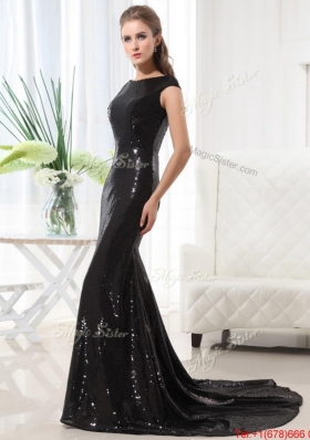 Beautiful Column Bateau Brush Train Sequins Prom Dresses in Black for 2016