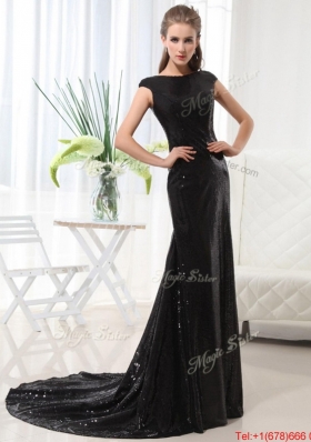 Beautiful Column Bateau Brush Train Sequins Prom Dresses in Black for 2016