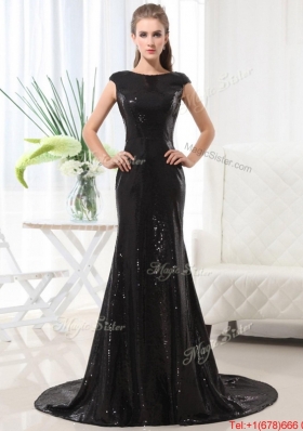 Beautiful Column Bateau Brush Train Sequins Prom Dresses in Black for 2016
