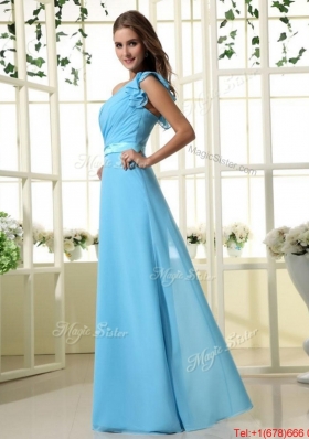 Beautiful One Shoulder Belt and Ruffles Aqua Blue Long Prom Dresses