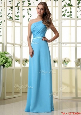 Beautiful One Shoulder Belt and Ruffles Aqua Blue Long Prom Dresses