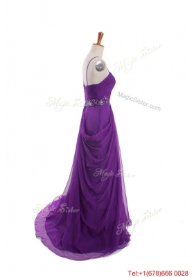 Cheap Appliques and Beading Eggplant Purple Prom Dresses with Sweep Train