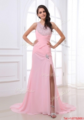 Cheap Column Brush Train Prom Dresses with High Slit and Beading