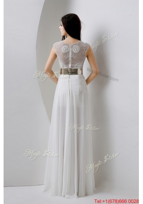 Classical Empire V Neck White Prom Dresses with Beading and Belt