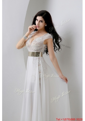 Classical Empire V Neck White Prom Dresses with Beading and Belt