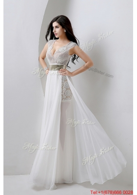 Classical Empire V Neck White Prom Dresses with Beading and Belt