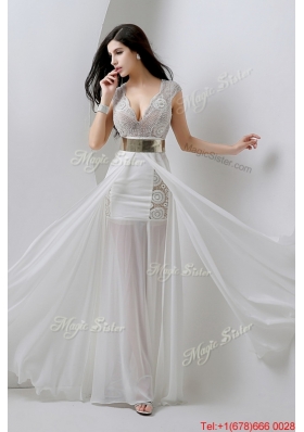 Classical Empire V Neck White Prom Dresses with Beading and Belt