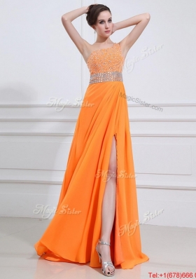 Exquisite Beading and High Slit Orange Prom Dresses with Brush Train