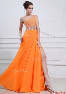 Exquisite Beading and High Slit Orange Prom Dresses with Brush Train