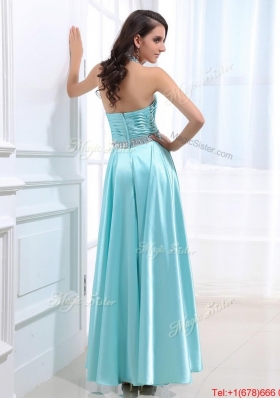 Gorgeous Halter Top Beading Ankle Length Aqua Blue Prom Dresses