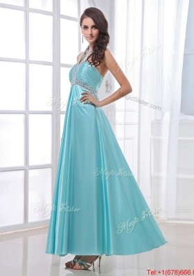 Gorgeous Halter Top Beading Ankle Length Aqua Blue Prom Dresses