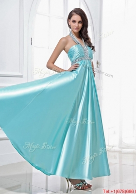 Gorgeous Halter Top Beading Ankle Length Aqua Blue Prom Dresses