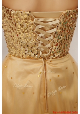 Luxurious A Line Gold Sweetheart Prom Gowns with Lace Up