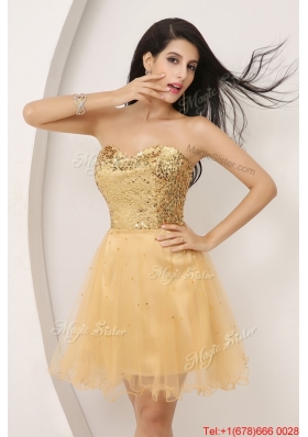 Luxurious A Line Gold Sweetheart Prom Gowns with Lace Up