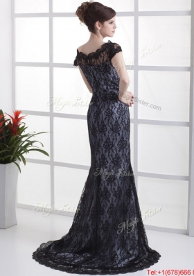 Luxurious Column Lace Black Prom Dresses with Brush Train