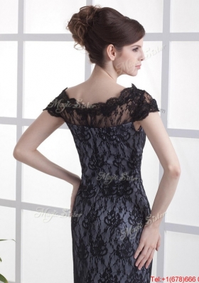 Luxurious Column Lace Black Prom Dresses with Brush Train