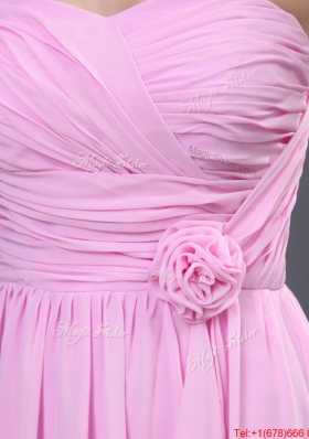 Modest Ruching and Hand Made Flower Prom Dress in Rose Pink