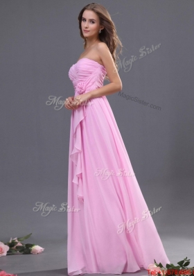 Modest Ruching and Hand Made Flower Prom Dress in Rose Pink