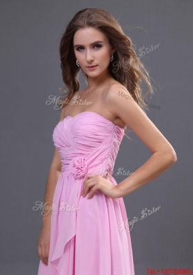 Modest Ruching and Hand Made Flower Prom Dress in Rose Pink