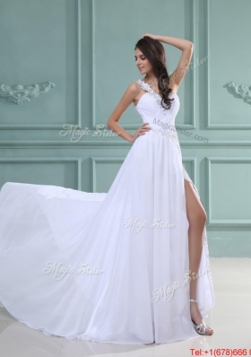 New Arrivals White Brush Train Prom Dresses with High Slit for 2016