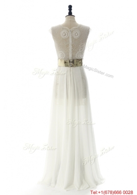 New Style White Long Prom Dresses with Beading and Belt for 2016