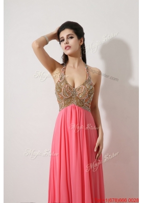 Perfect Halter Top Brush Train Prom Dresses in Watermelon Red