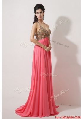 Perfect Halter Top Brush Train Prom Dresses in Watermelon Red