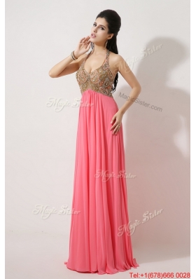 Perfect Halter Top Brush Train Prom Dresses in Watermelon Red