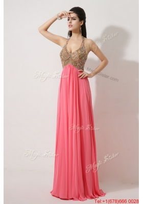 Perfect Halter Top Brush Train Prom Dresses in Watermelon Red