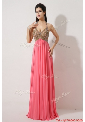 Perfect Halter Top Brush Train Prom Dresses in Watermelon Red
