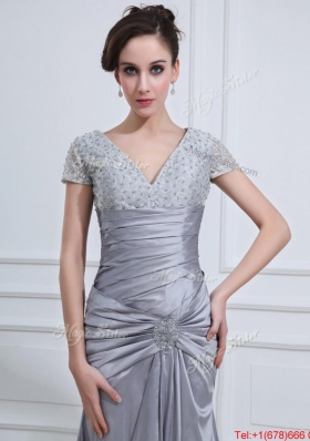 Perfect Mermaid V Neck Prom Dresses with Beading in Silver