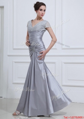 Perfect Mermaid V Neck Prom Dresses with Beading in Silver