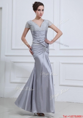 Perfect Mermaid V Neck Prom Dresses with Beading in Silver