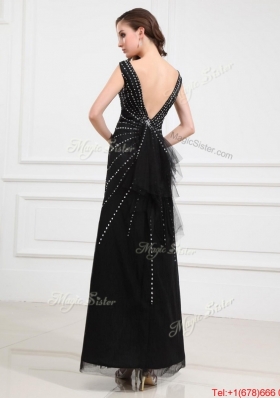 Popular Empire V Neck Beaded Backless Prom Dresses in Black for 2016