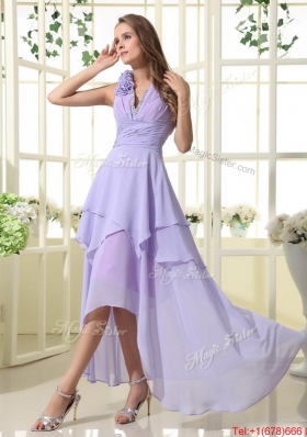 Pretty Empire V Neck Prom Dresses with High Low in Lavender